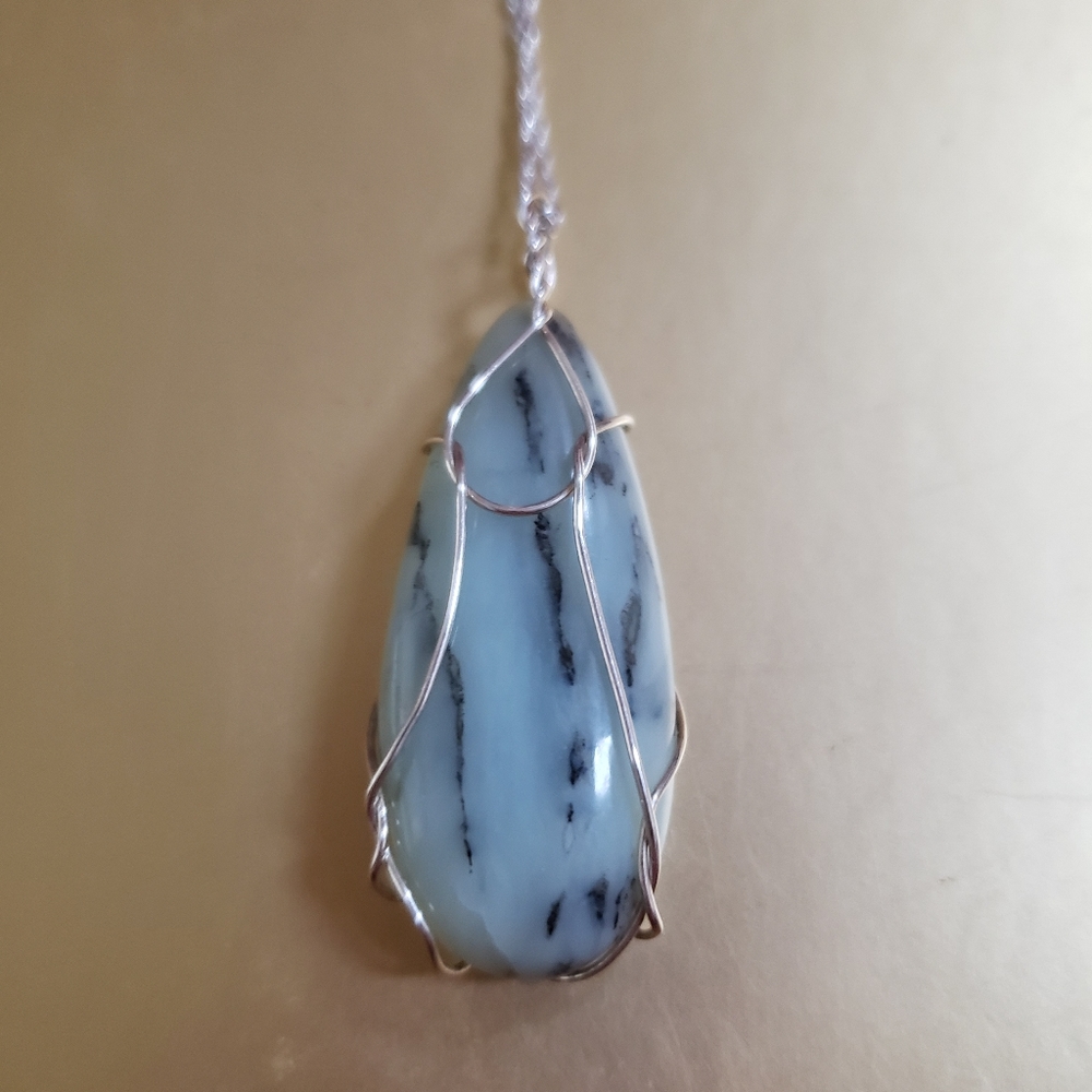 ARTISAN HANDMADE LARGE BLUE GREEN ANDEAN OPAL WIRE WRAPPED NECKLACE